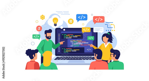 Coding Class or Team Collaboration: Programmers Learning Web Development and Software Engineering on a Laptop. Digital Education and IT Training Workshop.