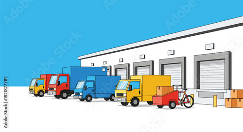 Multiple colorful delivery trucks and a cargo bicycle are parked in front of a white warehouse with several loading docks.