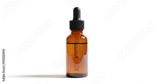 Amber glass dropper bottle with black cap isolated on white background