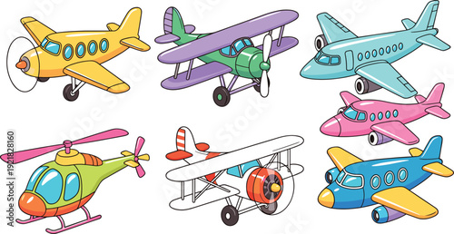 Seven vibrant cartoon aircraft including airplanes, biplane, jet planes, and helicopters with unique designs, representing aviation, transport, children’s artwork, and educational illustration 