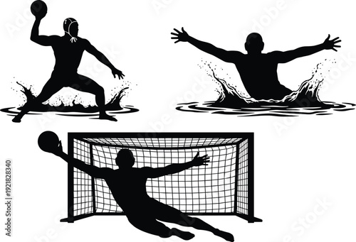 Water polo player action silhouettes set with goalkeeper diving save and swimming athletes vector illustration for sports competition aquatic game design
