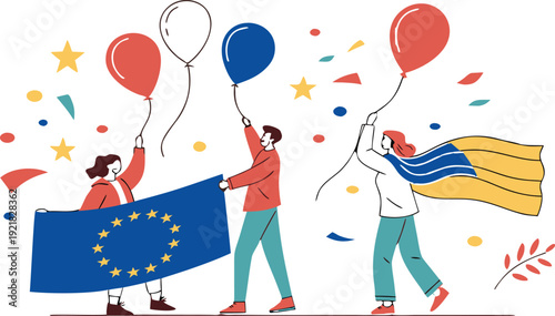 Europe day celebration with group of friends holding european union and kosovo flags and balloons