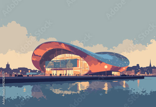 Cardiff Bays Millennium Centre Armadillo glowing copper tones against slate grey sky Modern architectural