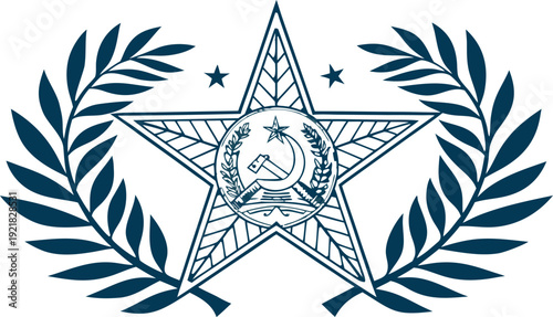 Five pointed military star with laurel wreath and hammer sickle emblem five-pointed star