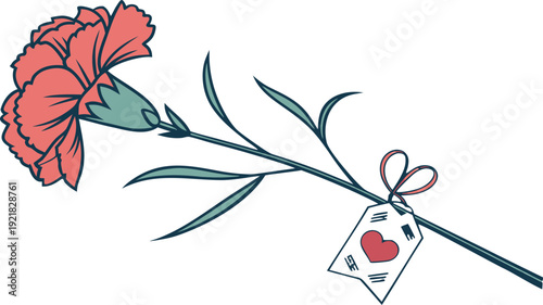 Red carnation flower with gift tag and heart