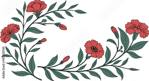 Red carnation flowers and leaves circular border red carnations green leaves floral wreath