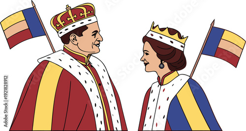 Romanian king and queen wearing crowns and robes with romanian flags royal couple