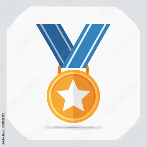 Golden medal icon with a white star and blue ribbon, symbolizing achievement, victory, and success in competitions and recognition for excellence in various fields