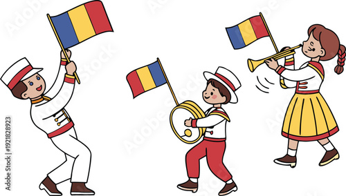 Romanian monarchy day festival children waving flags playing instruments Romanian flag