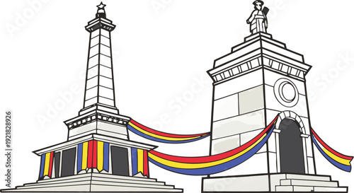 Romanian historical monuments decorated for independence celebration Romanian monuments