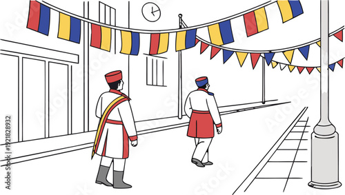Romanian monarchy day street celebration flags and people traditional clothing