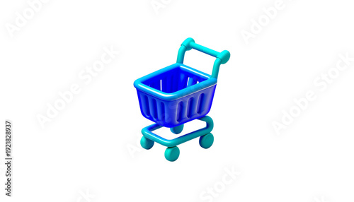 3D render of a vibrant blue shopping cart with turquoise accents, symbolizing online retail, convenient purchasing, and consumer activity for e-commerce and business concepts