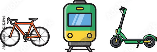 Cartoon illustration of eco‑friendly urban transport modes including orange bicycle, green and yellow train, and green electric scooter, representing sustainable mobility, commuting, and modern city 