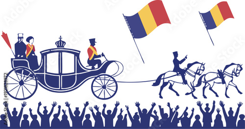 Royal carriage procession with crowd and romanian flags horse drawn carriage monarchy day