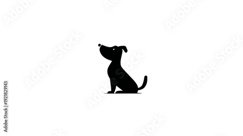 Black silhouette of a cute dog sitting patiently and looking up, isolated on a clean white background, pet animal concept.
