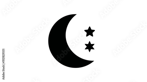Black Crescent Moon and Two Stars Symbol Icon. Minimalist Celestial Graphic Illustration, Night Sky Astronomy Design Element.