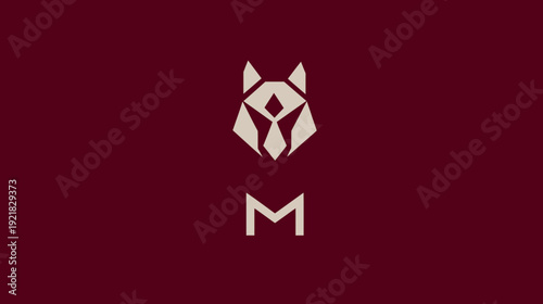 Geometric minimalist wolf head and initial M logo design on a maroon background. Modern abstract animal symbol concept vector.