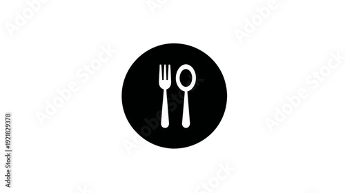 Minimalist black and white fork and spoon icon representing dining, restaurant, food, and culinary experiences