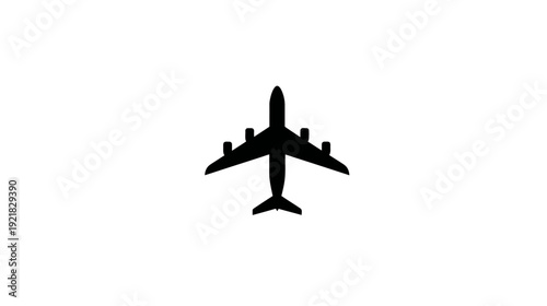 Black airplane silhouette icon representing air travel, aviation, and flight. Graphic symbol isolated on a clean white background.