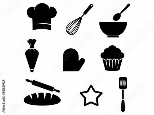 Bakery and Cooking Utensils Icon Set: Kitchen Tools and Pastry Symbols