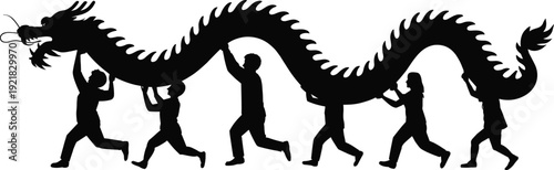 Chinese dragon dance silhouette vector illustration, performers carrying traditional dragon in cultural festival parade isolated black figures on white background