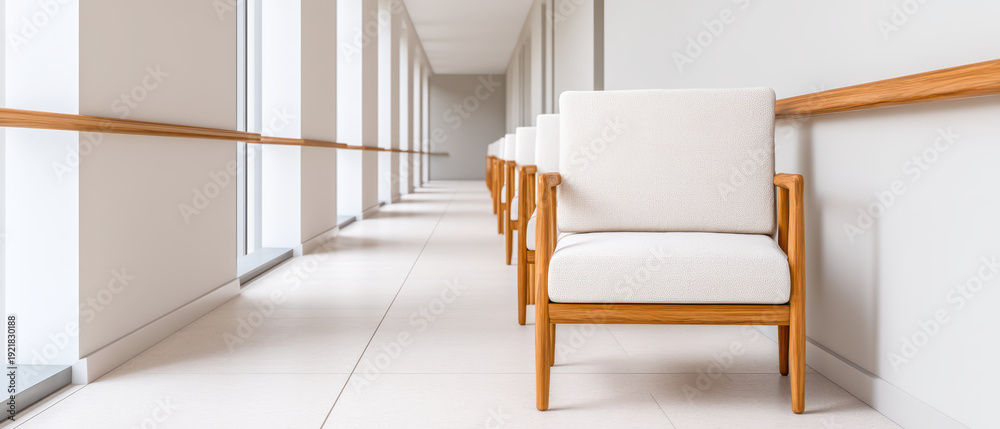 Fototapeta premium Modern corridor with wooden armchairs and white cushions aligned along wall, bright natural light from large windows, clean minimalist interior design with tiled floor