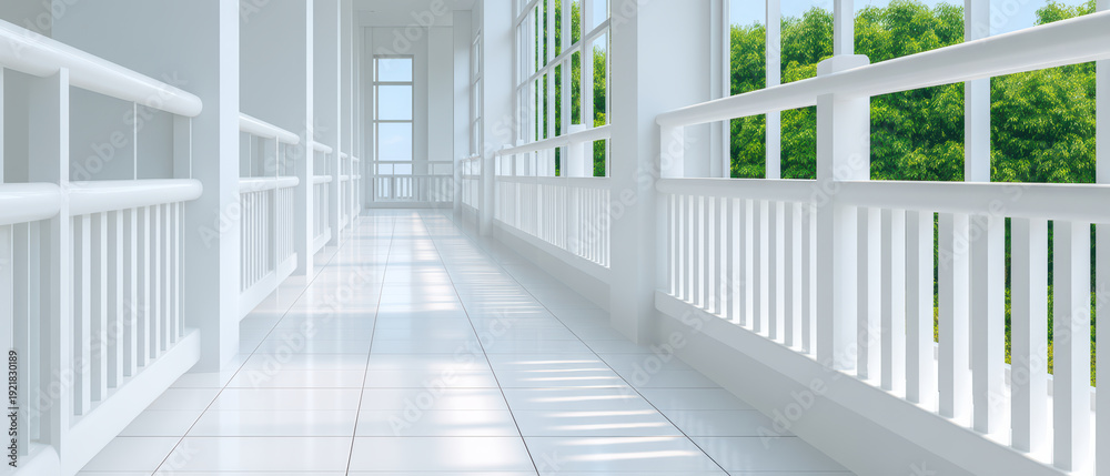 Fototapeta premium Bright white corridor with large windows and railings, reflecting natural light on shiny tiled floor, creating clean and airy atmosphere with green trees visible outside