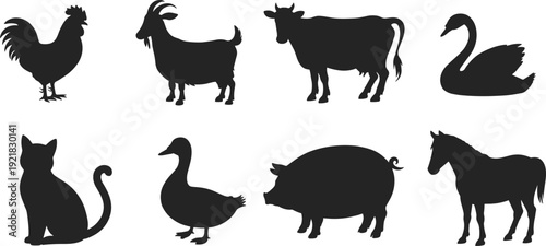 Farm and domestic animal silhouette set vector illustration, rooster goat cow swan cat duck pig horse black isolated icons on white background