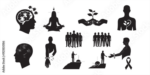 Human emotions silhouette set, mental health feelings poses collection, expressive body language illustrations, black vector characters isolated on white background