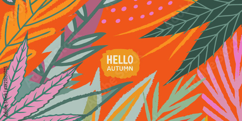 A vibrant autumn illustration with tropical leaves and a hello message
