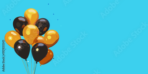 A cluster of colorful balloons floating against a bright blue background