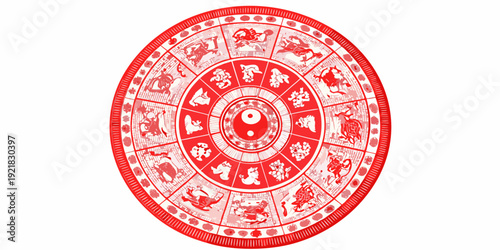 A circular red design featuring twelve zodiac animals and central symbols