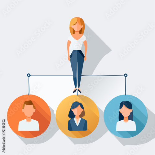 Illustrative representation of a business organizational structure, featuring a female leader overseeing her diverse team members, depicting connection and collaboration in a flat design concept