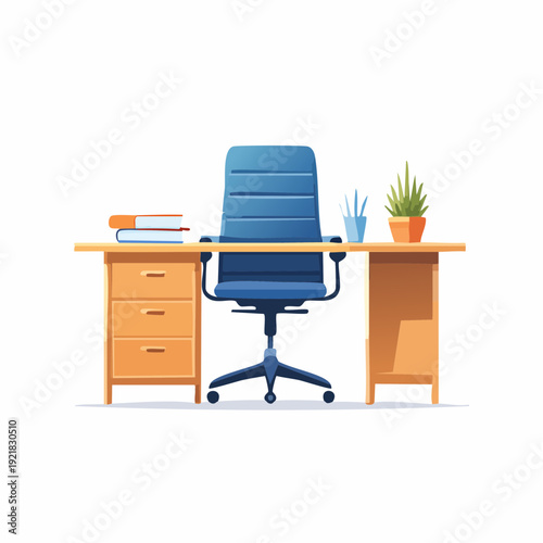 Modern office desk with ergonomic chair and supplies, ready for productive work and organization in a professional workspace