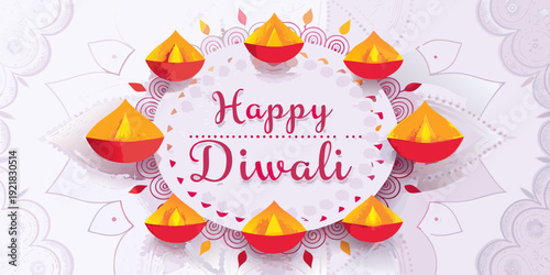 Happy diwali celebration with traditional oil lamps and floral design