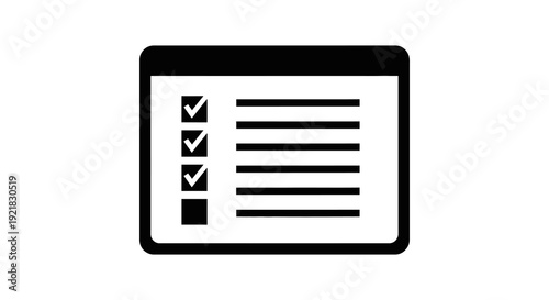 A black and white icon depicting a checklist within a rectangular frame representing tasks high quality