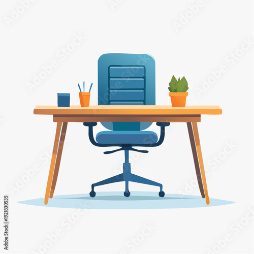 Modern office desk setup with a comfortable rolling chair, stationery, and a small plant, perfect for remote work or a home office