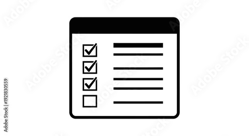 Simple black and white icon depicting a checklist with three checked boxes and blank lines