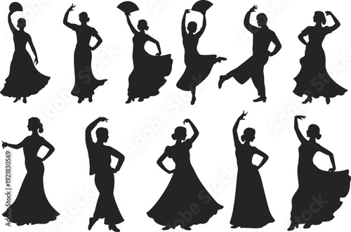 Flamenco dancer silhouettes vector collection, Spanish traditional dance performers with fans isolated black figures on white background for cultural design
