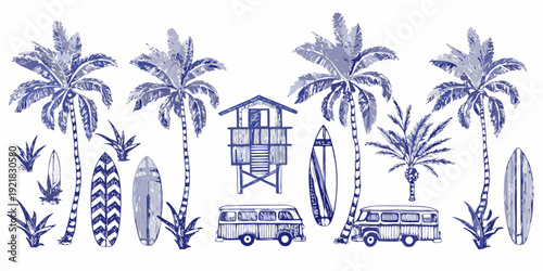 Tropical beach scene with palm trees surfboards and vintage vans