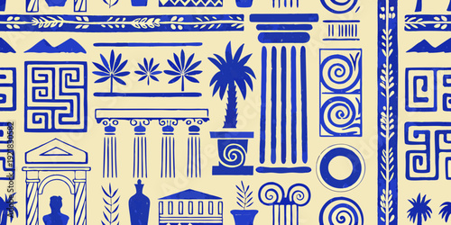 Blue and white repeating pattern featuring ancient greek architectural elements