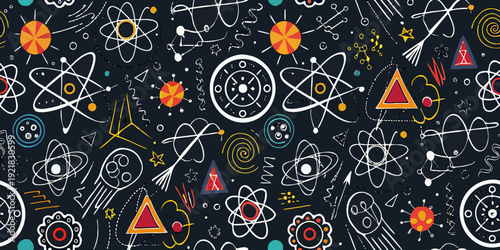 Seamless pattern of hand drawn science and atomic structure elements