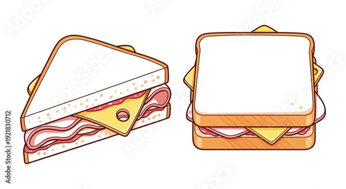Two cartoon sandwiches one cut in half display ham and cheese fillings on white bread