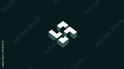 Modern 3D Isometric Interlocking Blocks Abstract Geometric Symbol on Dark Background. Digital Technology & Connection Concept.