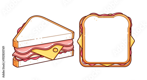 Cartoon illustration of a ham and cheese sandwich shown whole and cut in half high quality