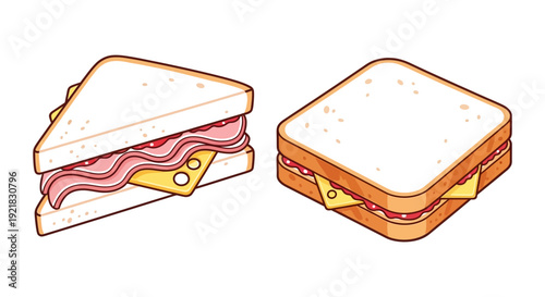 Two cartoon sandwiches one cut diagonally the other square filled with meat and cheese high quality