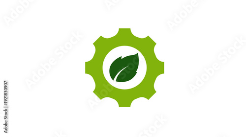 Eco-friendly gear icon with a green leaf, symbolizing sustainable technology, environmental engineering, nature-based solutions, and green industry.