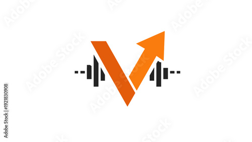 Dynamic V Letter Logo with Upward Arrow and Dumbbells. Modern Fitness, Strength, and Progress Icon for Sport Business Branding.