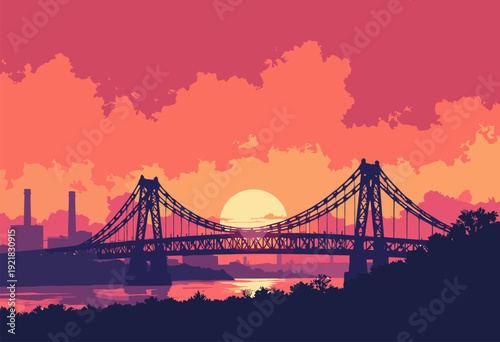 Transporter Bridge Middlesbrough silhouetted against industrial smog sunset Atmospheric gritty art