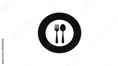 Minimalist restaurant food service icon, black and white fork and spoon symbol in a circle, dining establishment sign